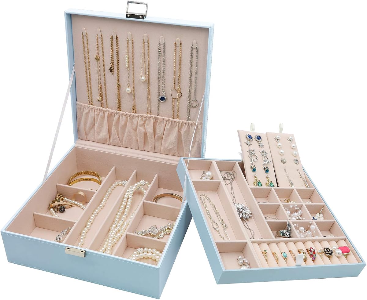 ProCase Joyero de 2 Capas para Mujer -Azul | Estuche de almacenamiento organizador de joyas de cuero grande con almohadilla extraíble para aretes