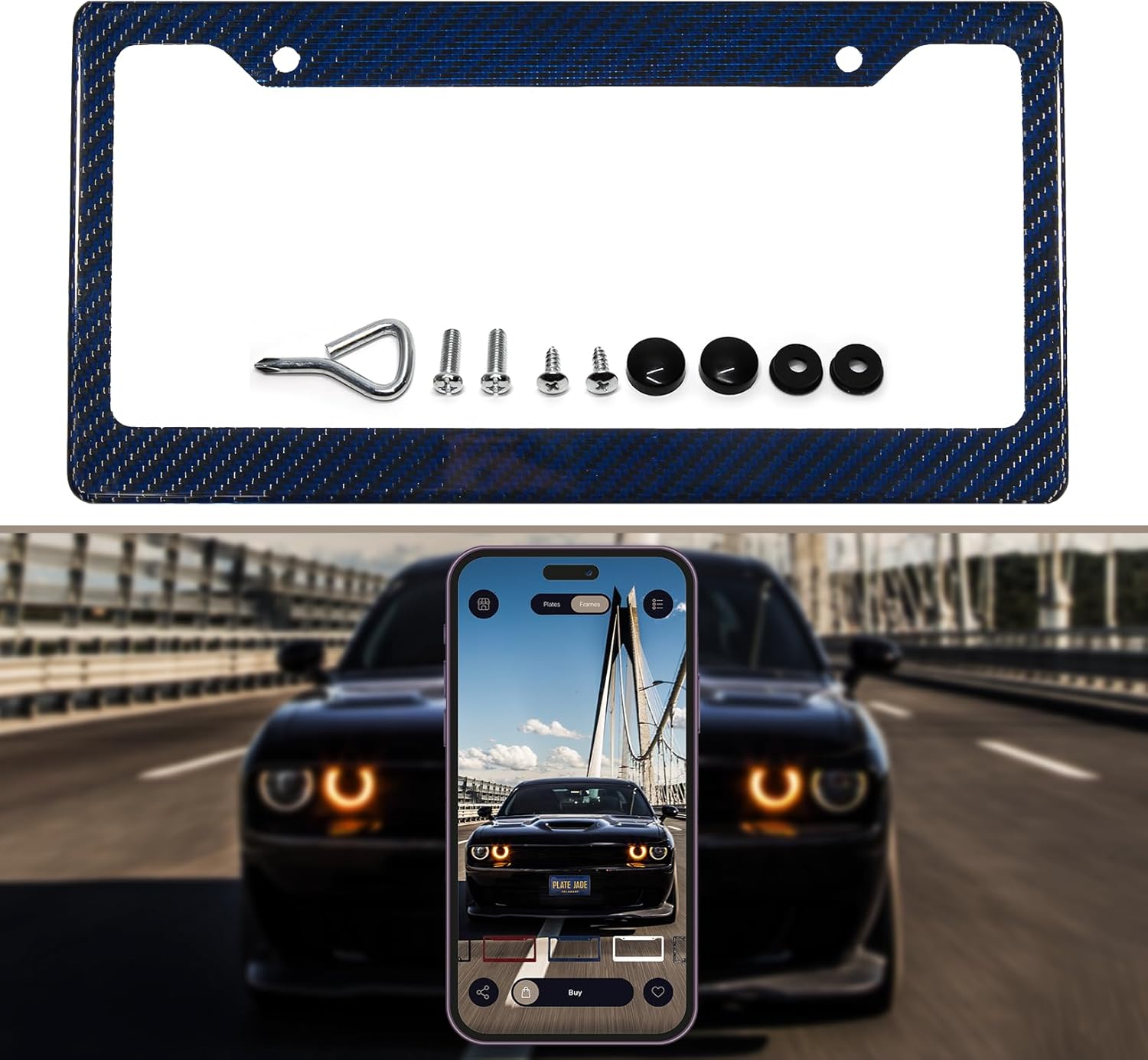100% Real 3K Twill Weave Pure Carbon Fiber Car License Plate Frame, UV Protection, Front Rear Universal Fit USA Canada Mexico Standard Size Tag Holder Model 001 (Blue)