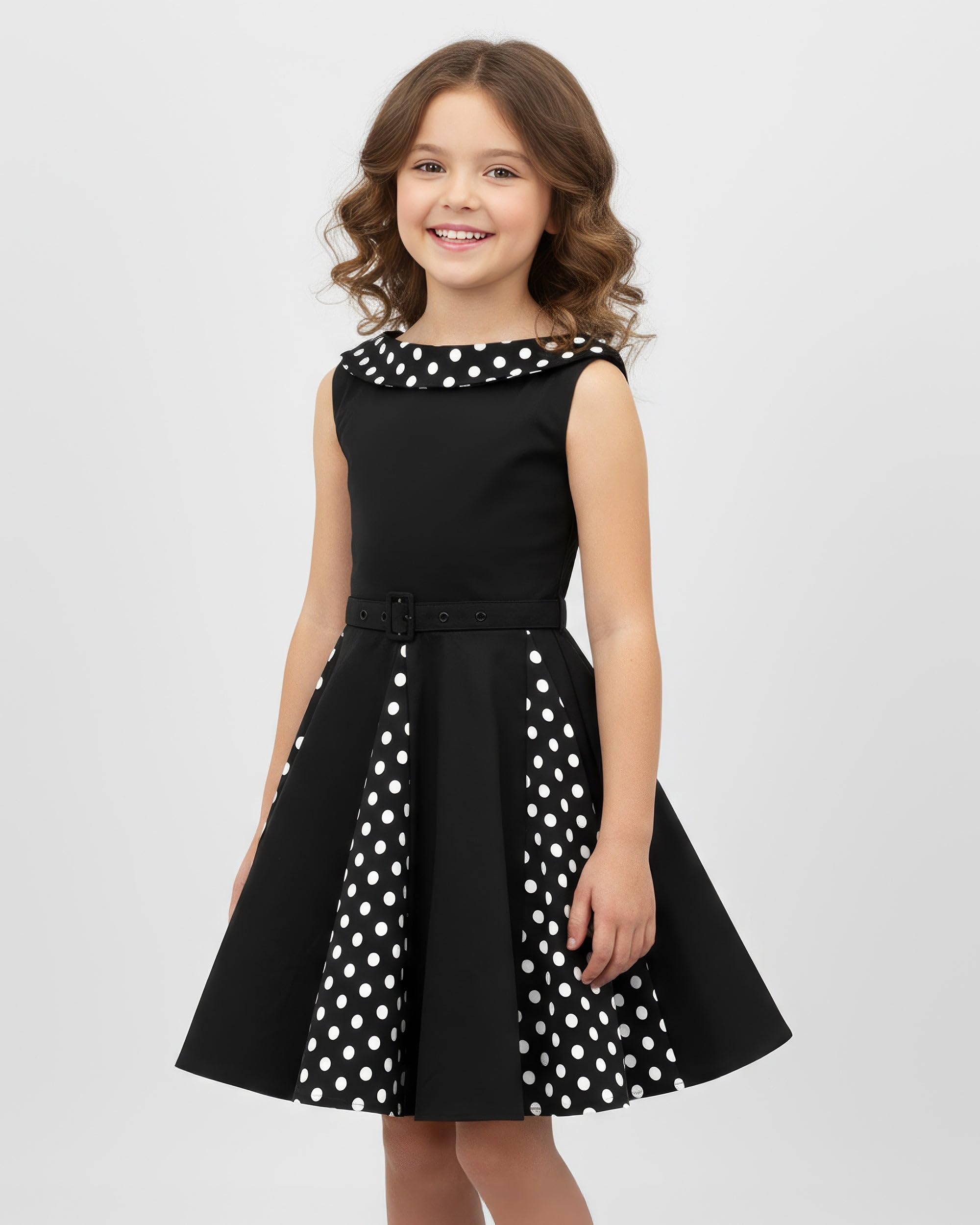 BlackButterfly Vestito Bambina Alexia a Barchetta | Gonna a Ruota, Pannello a Pois, Senza Maniche, Foderato, Zip Dietro, Cintura Removibile, 3-14 Anni