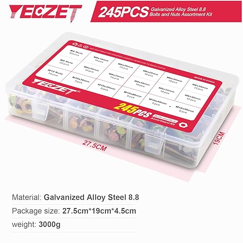 Miniatura 3 de YEEZET Kit de 245 tornillos y tuercas de brida de alta resistencia, grado 8.8 M6 M8 M10, tuercas hexagonales con bridas métricas, incluye 15 tamaños