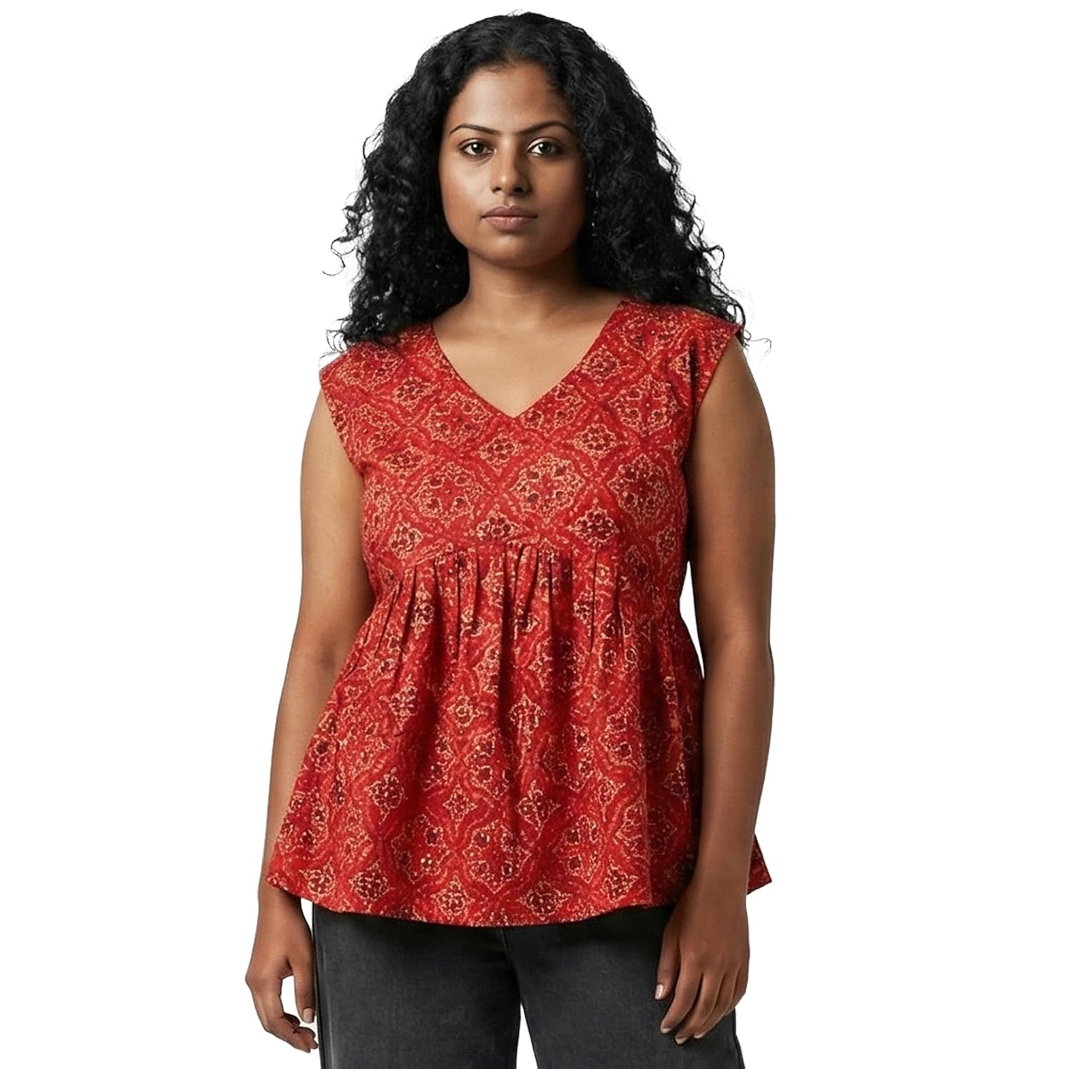 Women’s Sleeveless Cotton Kurthi, V-Neck Floral Print, Casual Ethnic Wear, Regular Fit