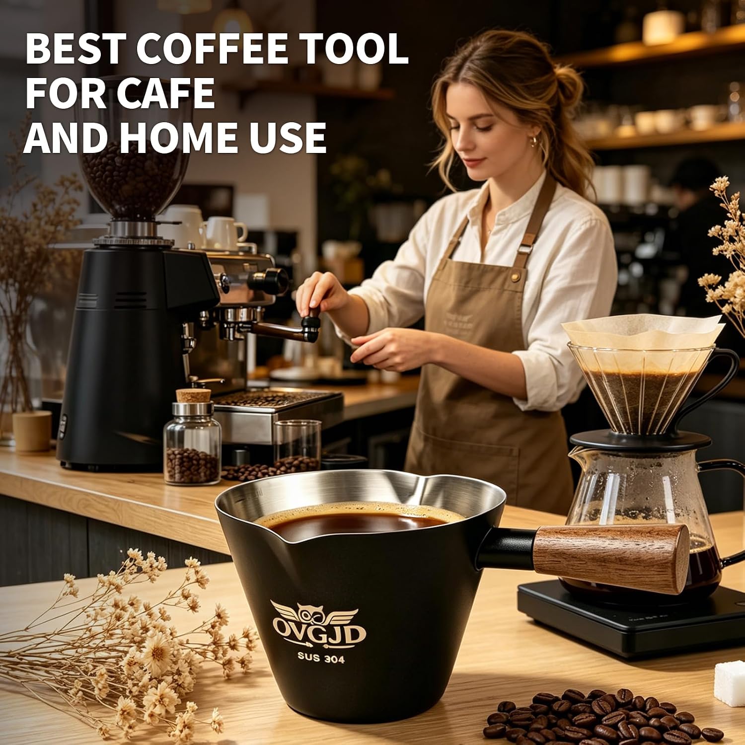 4Oz Espresso Shot Cups,Stainless Steel Espresso Cups,Espresso Measuring Cup | Walnut Wooden Handle, Double V-Spouts, Accurate Scale Design, For Ninja & Breville Espresso Machine, Barista Tools (Black)