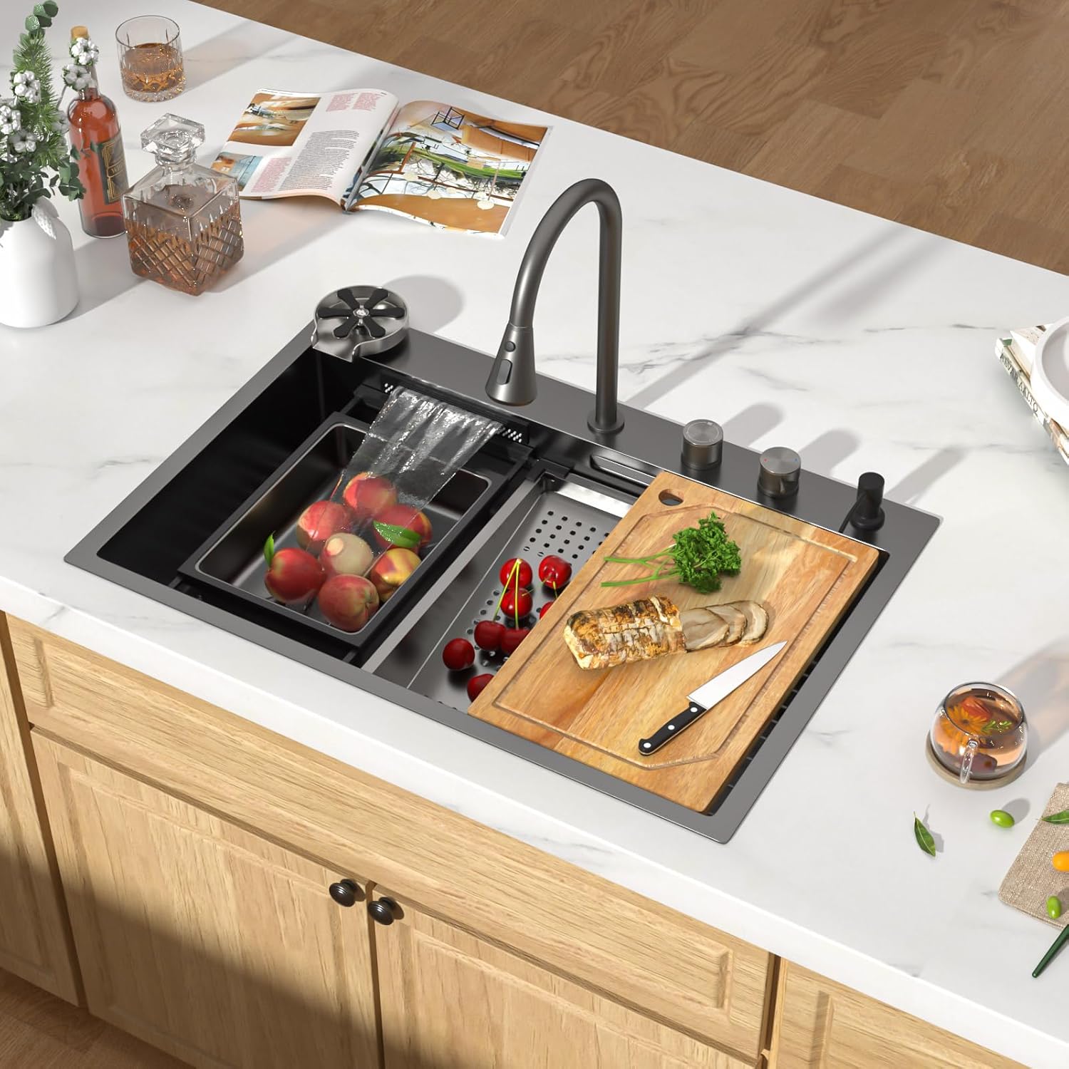33 Luxury Waterfall Kitchen Sink - Smart Drop In Kitchen Sink 33x22 Workstation Gunmetal Black NANO-PVD Topmount Stainless Steel 16 Gauge Single Bowl All-In One Dual-Waterfall Sinks #TLWF-0021