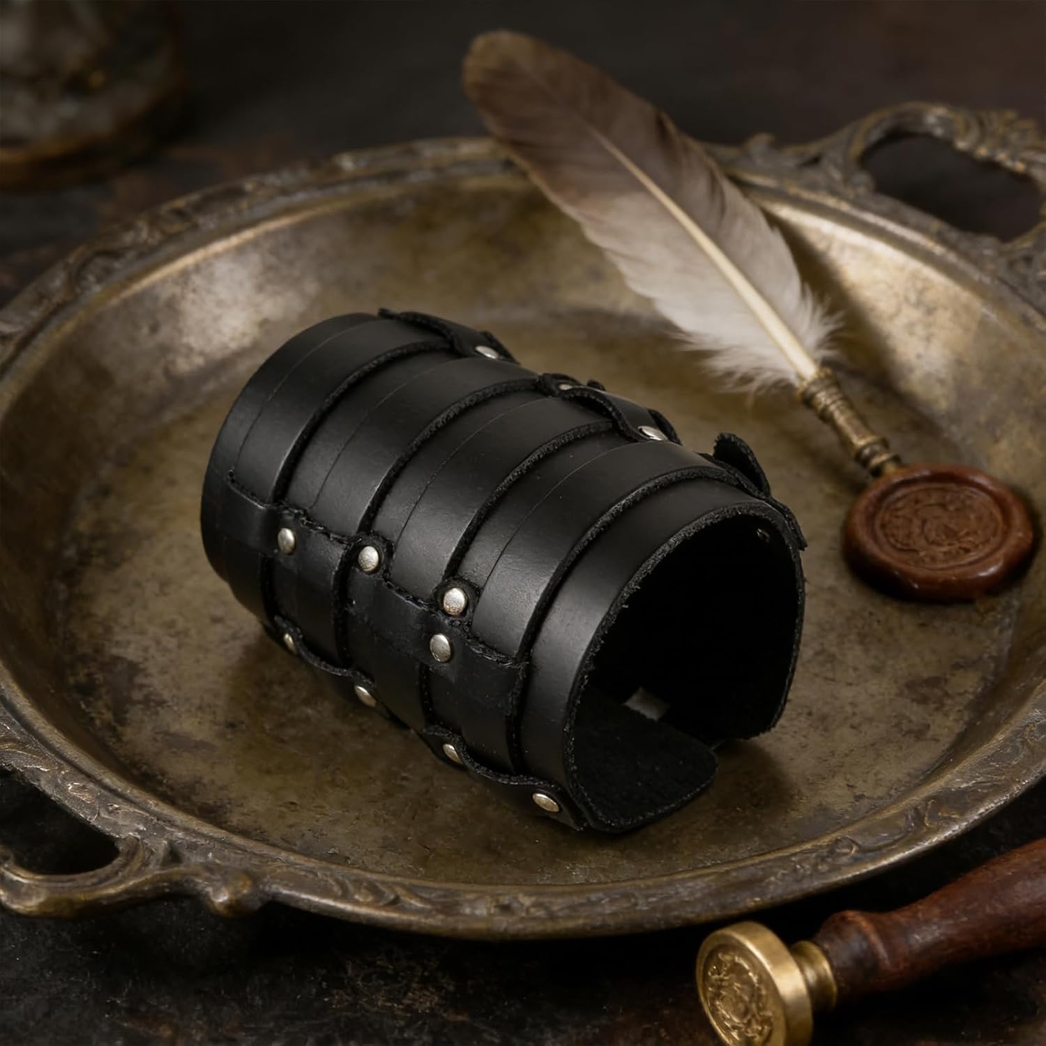 HZMAN Mens Leather Wide Triple Strap Cuff Wrap Gauntlet Wristband Buckle Fastening Arm Armor Cuff 4 Rows