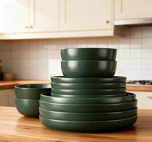 Miniatura 2 de Juego de platos y cuencos para 4, juegos de 12 piezas, acabado verde mate, vajilla de cerámica apta para microondas y lavavajillas