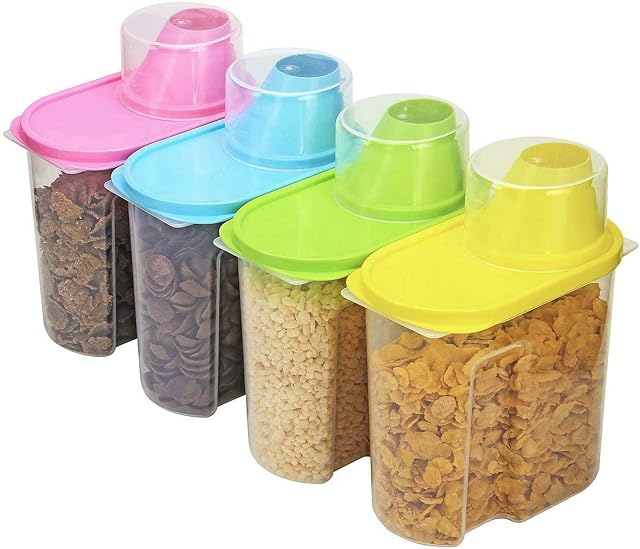 4 Piece Plastic Kitchen Storage Box | 1.9L Dry Food Dispenser with Air Tight Lid | Made Of Food Grade PP Material | Non-Toxic Odorless | Hygienic And Easy To Use | Set Of 4(Blue, Green, Pink & Yellow)