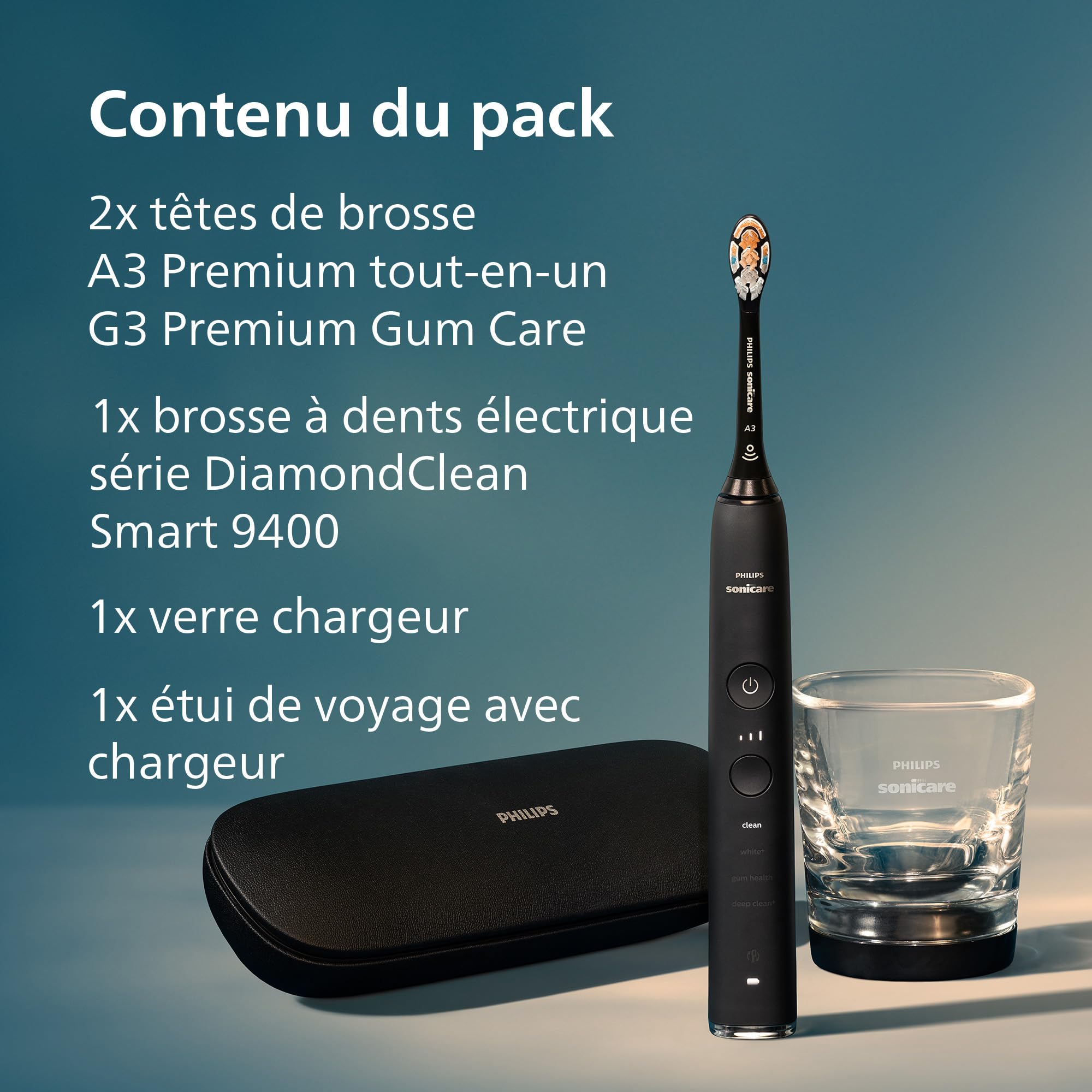 Philips Sonicare DiamondClean Smart 9400 - Brosse à dents électrique avec application, Capteur de pression, Détection de la tête de brosse, 4 modes de brossage, 3 niveaux d'intensité, Noir, HX9917/89