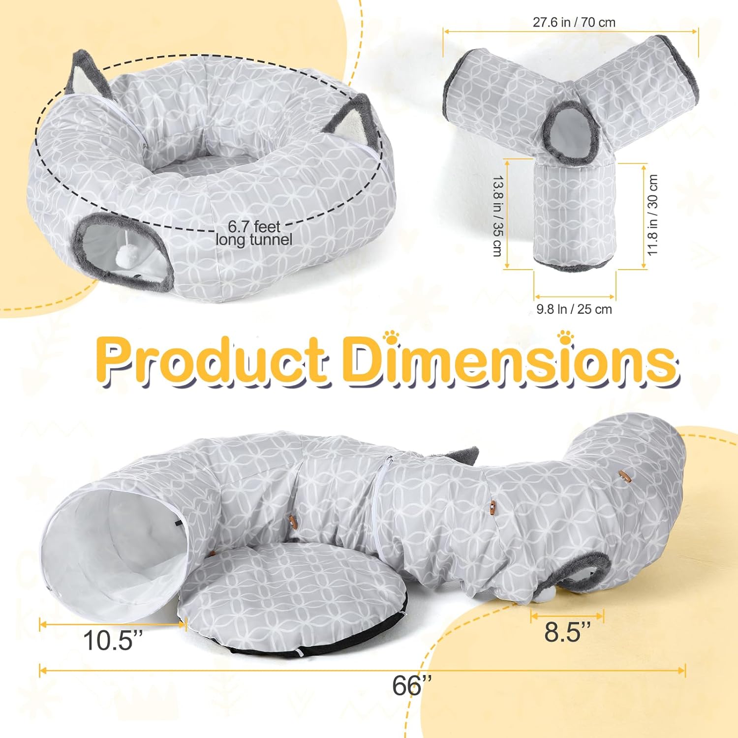 Soulchen 2 Pcs Geometric Cat Tunnel with Plush Inside Toys Collapsible Tunnel Tube with Balls for Cats, and Small Dogs, Gray Geometric Figure