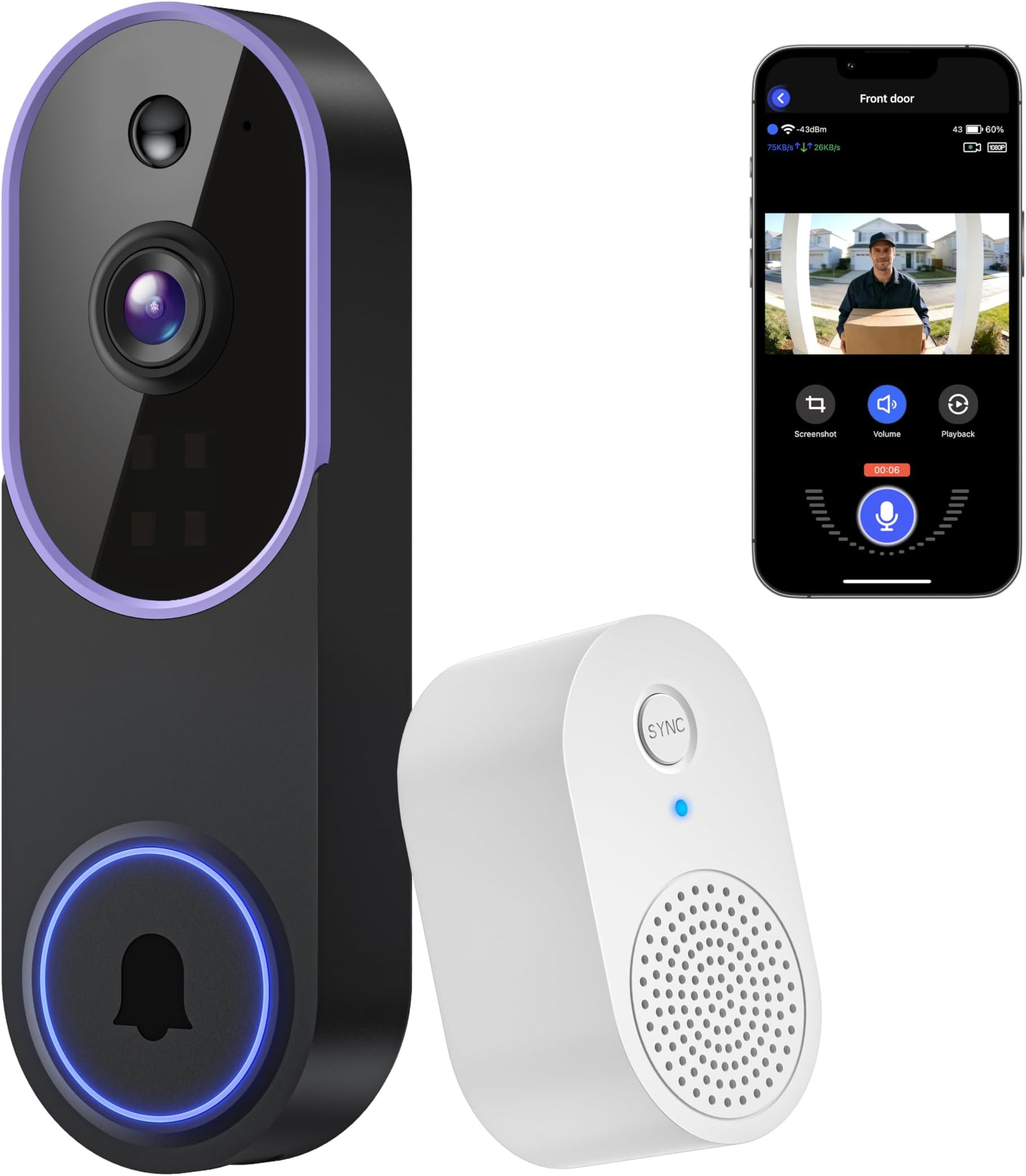 1080P Wireless Video Doorbell Camera, Smart Security Doorbell Camera, Cloud Storage,AI Human Detection, Instant Alert, Night Vision, Two Way Audio, 2.4G WiFi Only