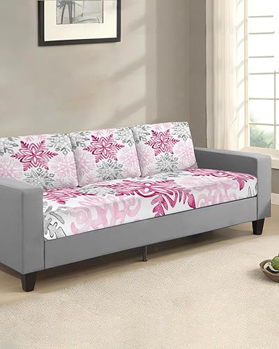 Miniatura 2 de Pink Grey Snowflake Christmas Couch Cushion Covers, Stretch Sofa Cover with Elastic Bottom, Xmas Winter Snowflake Sofa Slipcovers Protector Washable