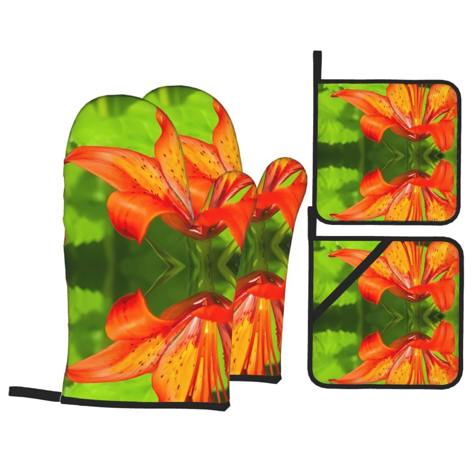 HJFCZH Tiger Lily Prints Kitchen Covers: Waterproof Oven Layers for Safe Cooking & Easy Cleanup - 4 Piece Heat Protection Set