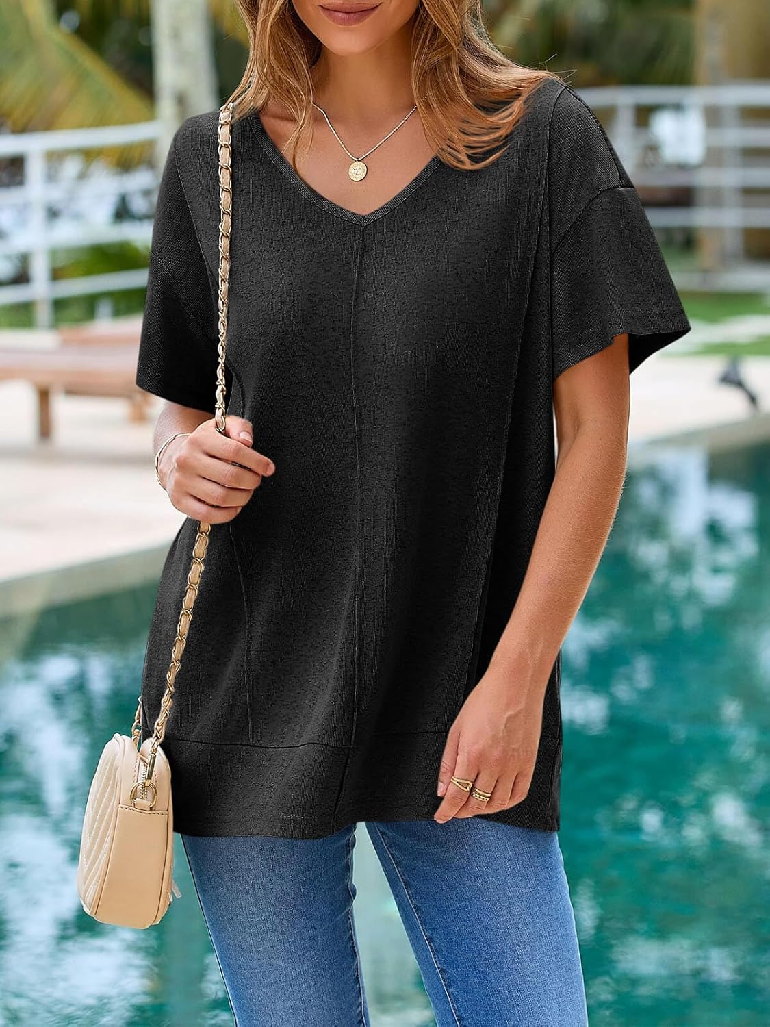 Tankaneo Womens Oversized Tshirts Knit V Neck Short Sleeve Tunic Tops Summer Casual Loose Fit Tee Shirts - Image 5