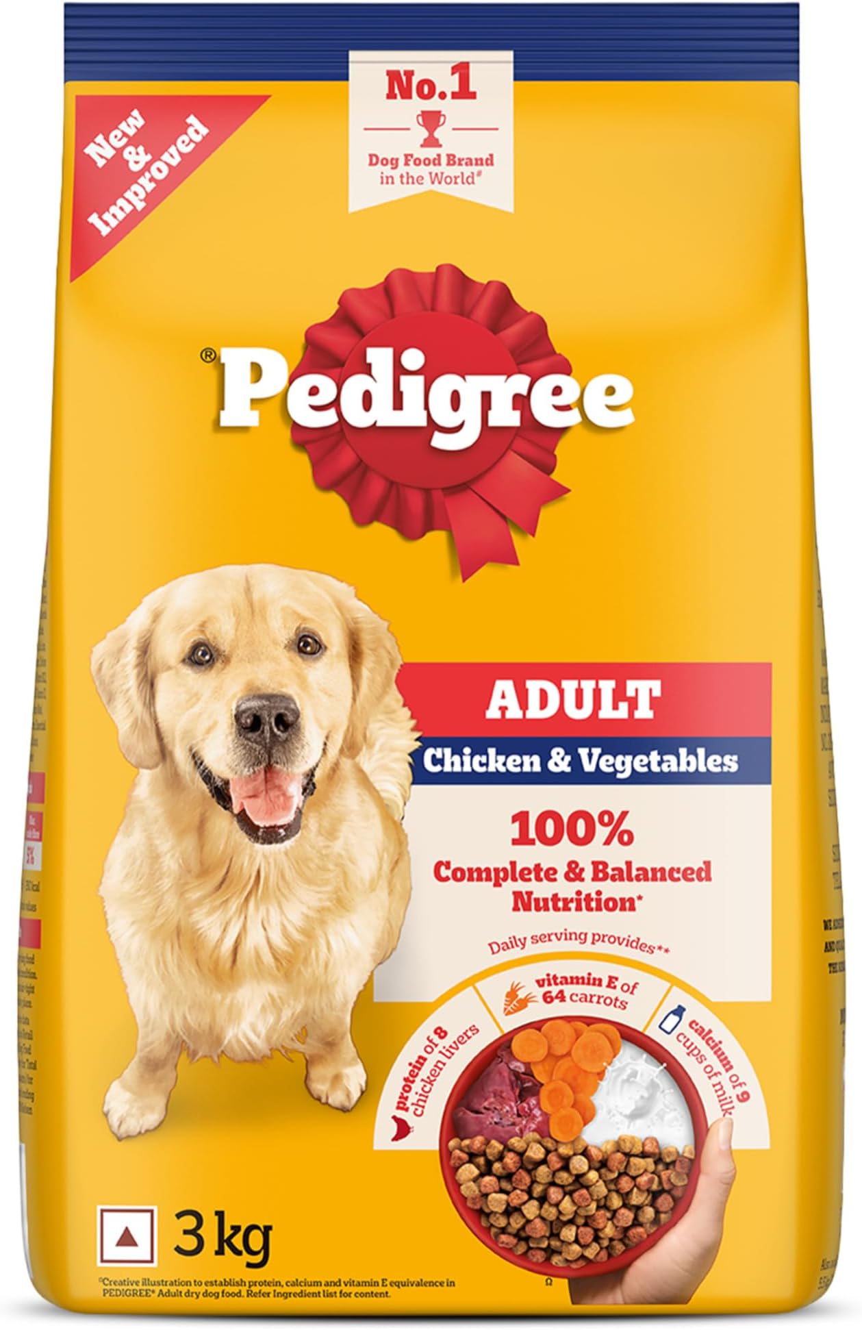 Pedigree Adult Dry Dog Food, Chicken & Vegetables, 3 kg, Contains 37 Essential Nutrients, 100% Complete & Balanced Food for Adult Dogs