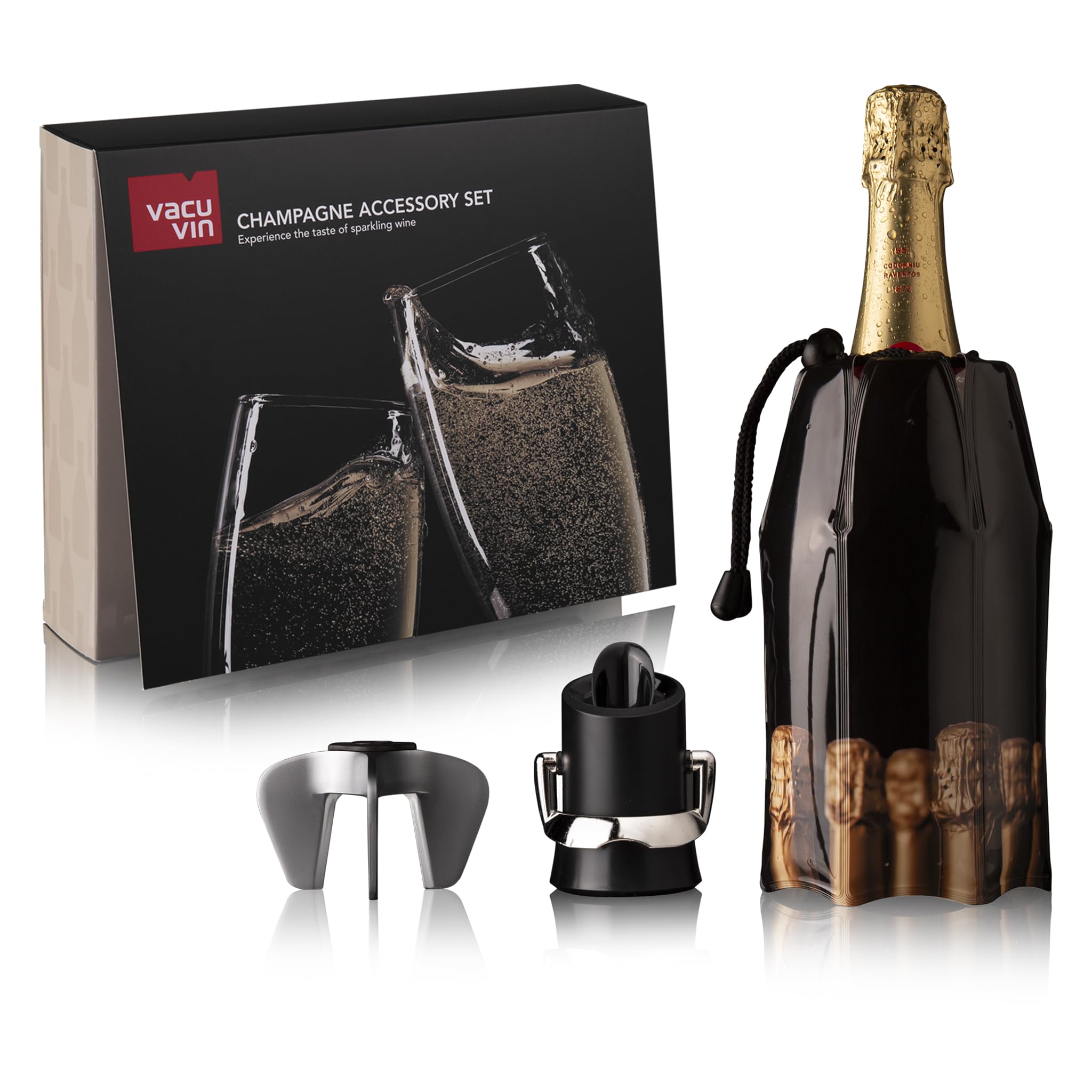Vacu Vin 38899606 Champagne Accessory Set 3 Pieces - Champagne Cooler, Champagne Stopper and Pourer, Champagne Opener, Black