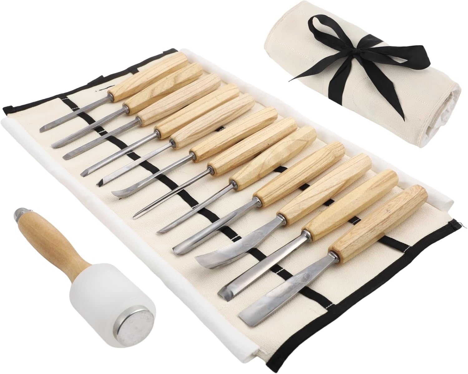 12 Pcs Wood Carving Tools Set, Including Nylon Hammer & Canvas Storage Bag, Razor Sharp CR-V 60 Steel Blades, Ideal DIY Wood Chisel Kit for Beginners & Professionals