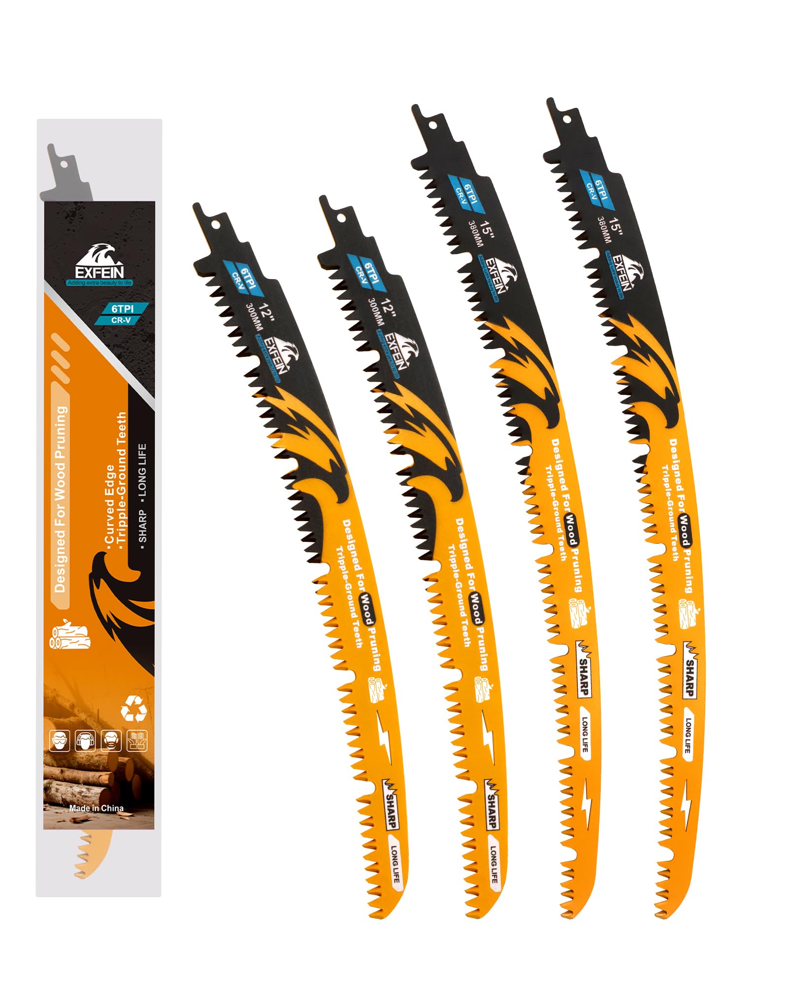 EXFEIN Japanese Teeth Reciprocating Saw Blades, Arc Edge Wood Pruning Saw Blades 6TPI for Tree Trimming, Wood Cutting, 300mm & 380mm