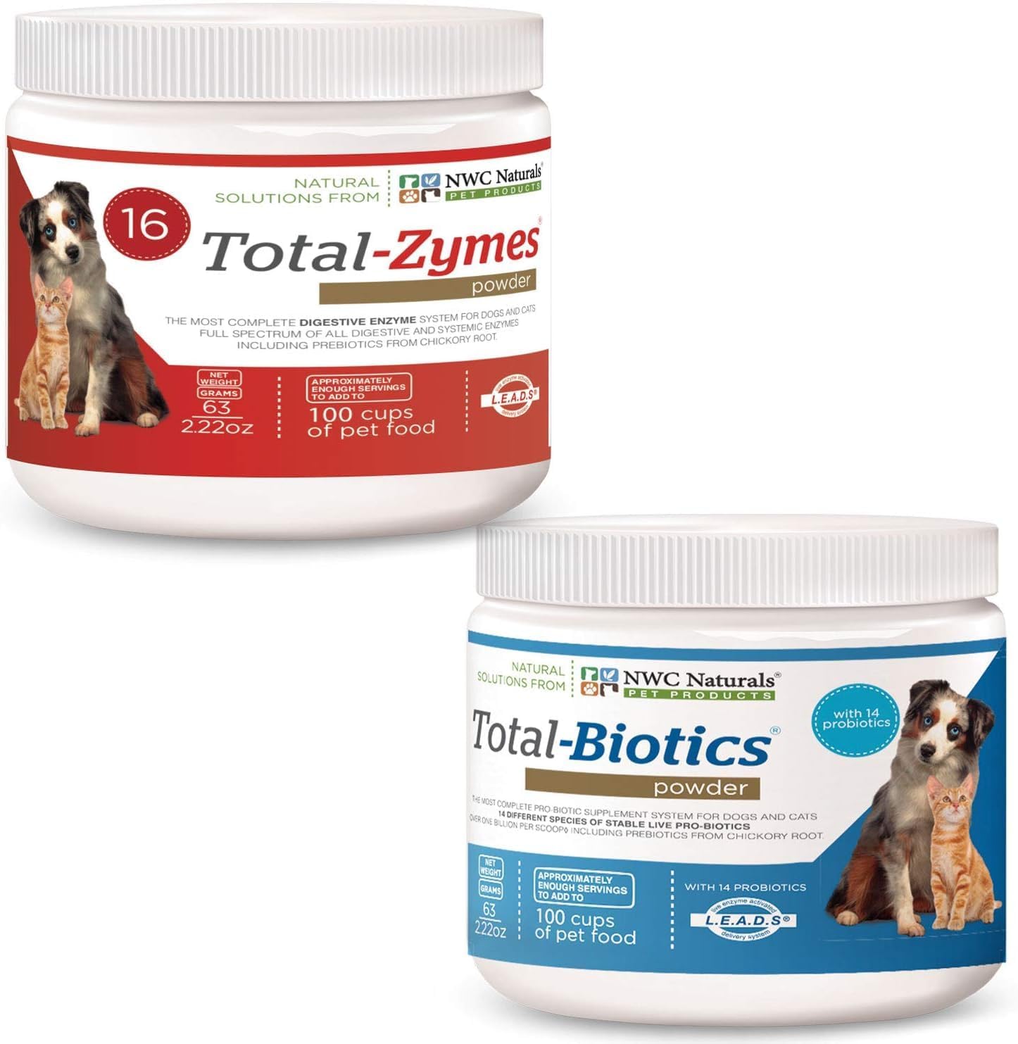 NWC Naturals Total-Biotics & Total-Zymes, Probiotics + Digestive Enzymes for Dogs and Cats, 2.2-Ounces Each