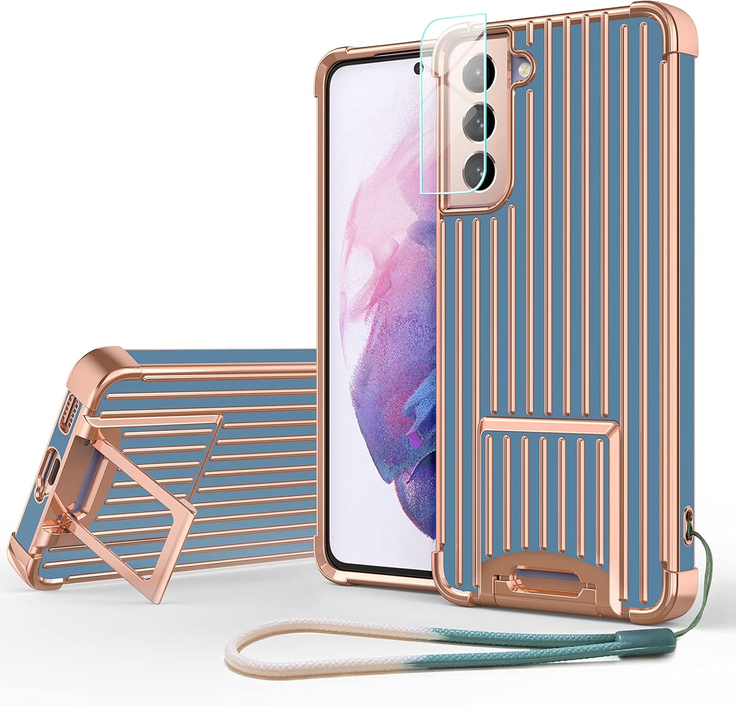 PTUONIU Kickstand Case for Samsung Galaxy S21+ Plus, [Two-Way Stand] [Reinforced Drop Protection] [Anti-Scratch] Slim Shockproof Stand Case with Camera Protector+Strap for Samsung S21+ Plus-Blue