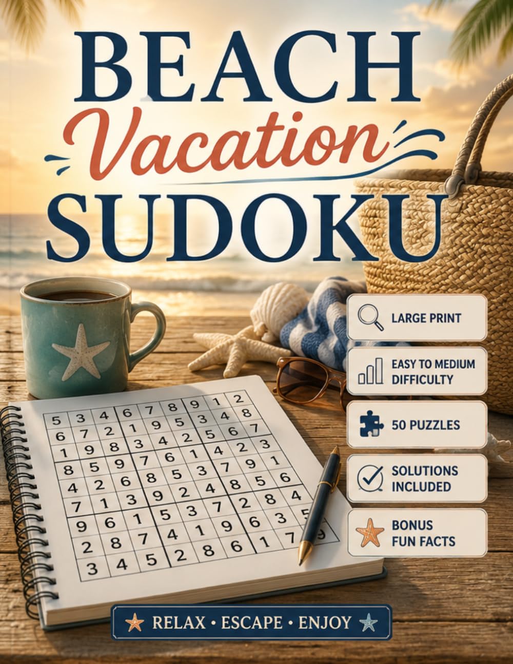Beach Vacation Sudoku: Large Print Easy to Medium Sudoku Puzzles with Relaxing Beach Facts for Travel, Summer Relaxation, and Coastal Escapes (Travel Escape Sudoku Series)