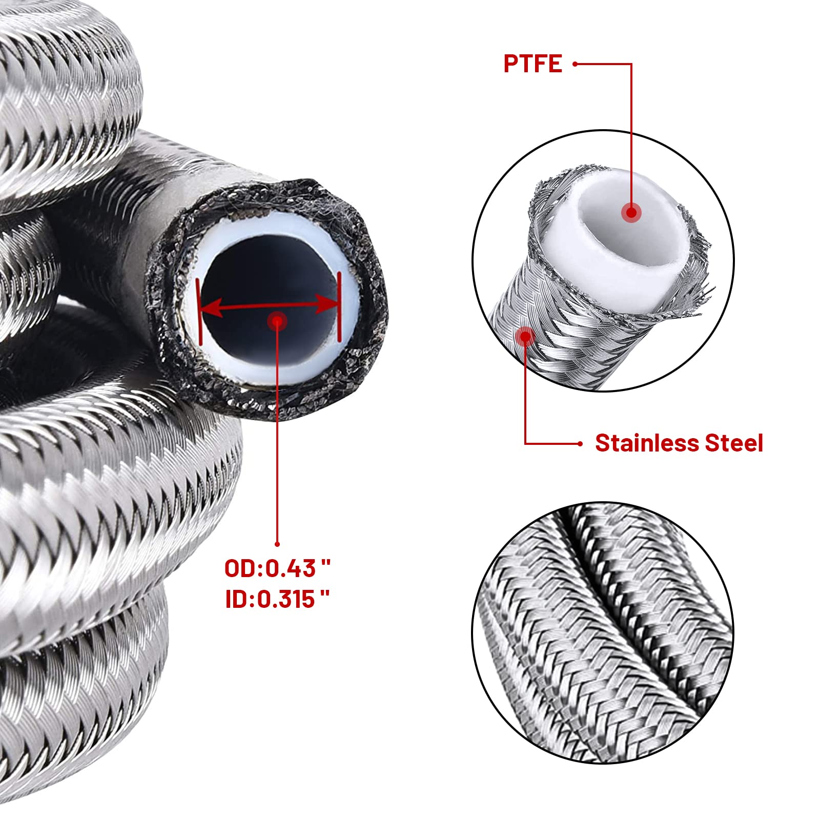 AN10 Braided Steel PTFE Fuel Hose 20FT/6M & Swivel Teflon PTFE 10 Fittings E85 E - Foto 9