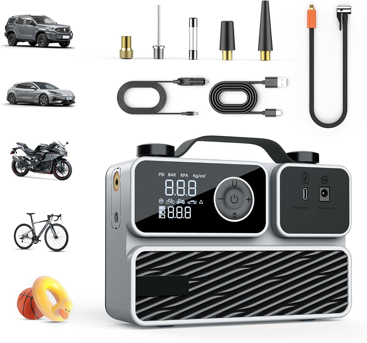 Tire Inflator Portable Air Compressor, Air Pump for Car Tires 150PSI Cordless Rechargeable Battery and 12V DC, Electric Bike Pump with Pressure Gauge, Auto Shutoff, for Ball, Motorcycle : Automotive