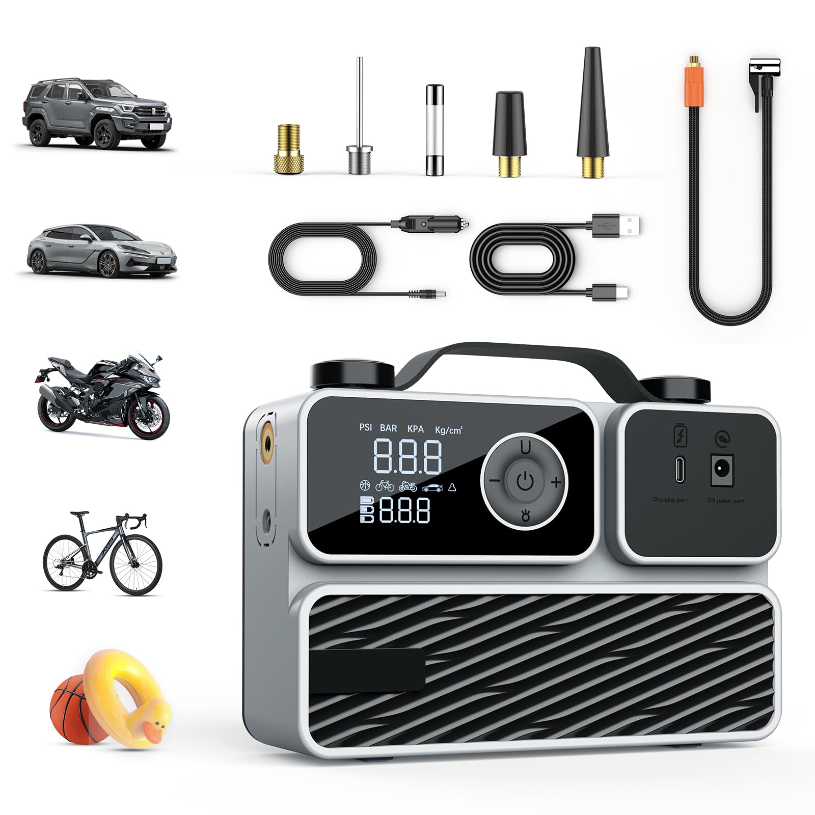 Tire Inflator Portable Air Compressor, Air Pump for Car Tires 150PSI Cordless Rechargeable Battery and 12V DC, Electric Bike Pump with Pressure Gauge, Auto Shutoff, for Ball, Motorcycle