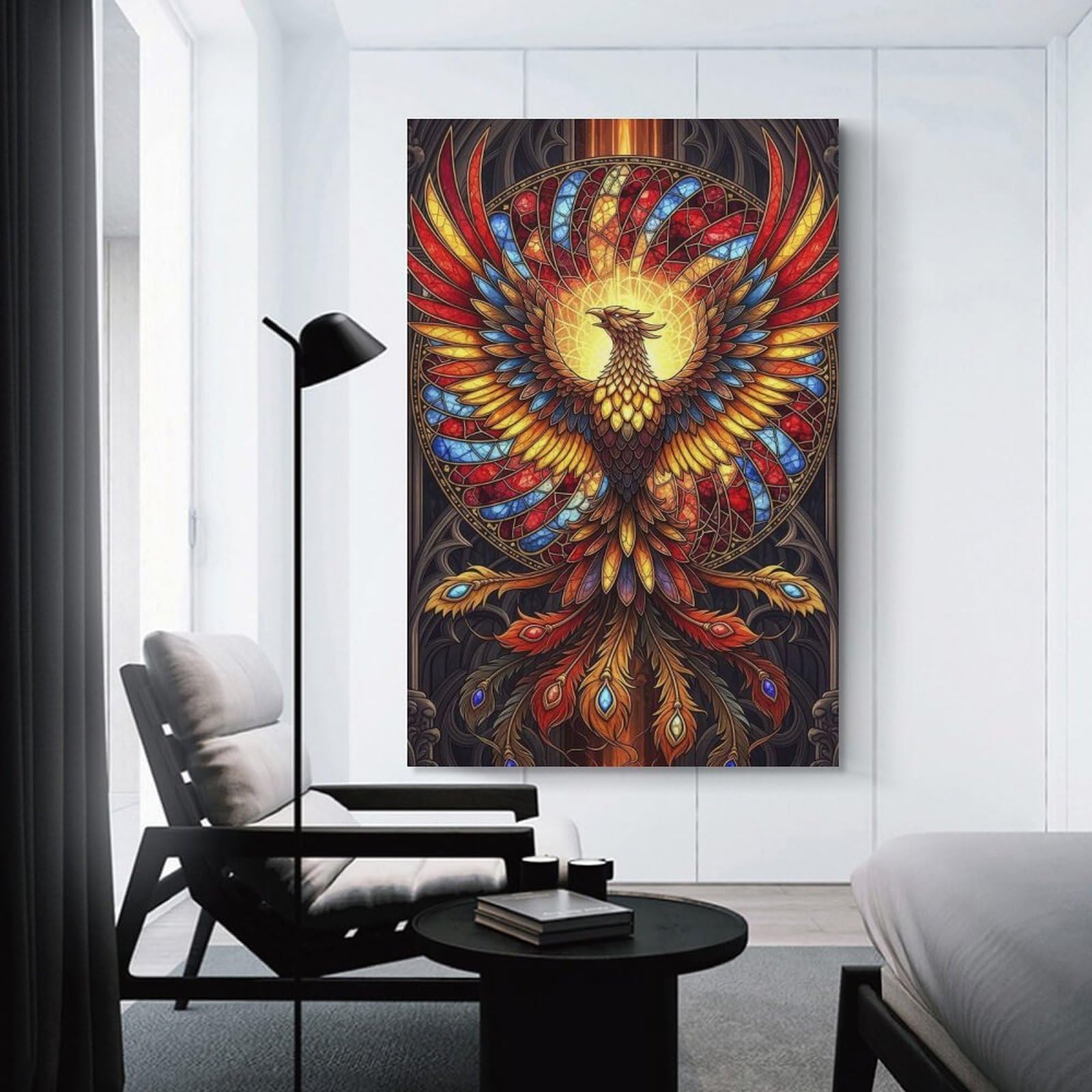Junmoney Unframe-Style-1 Home Decor Wall Art Stained Glass Phoenix, 20X30inch(50X75cm), For Bedroom Decor, Cosy Corners Or Studios, Decorative Wall Art For Cosy Rooms