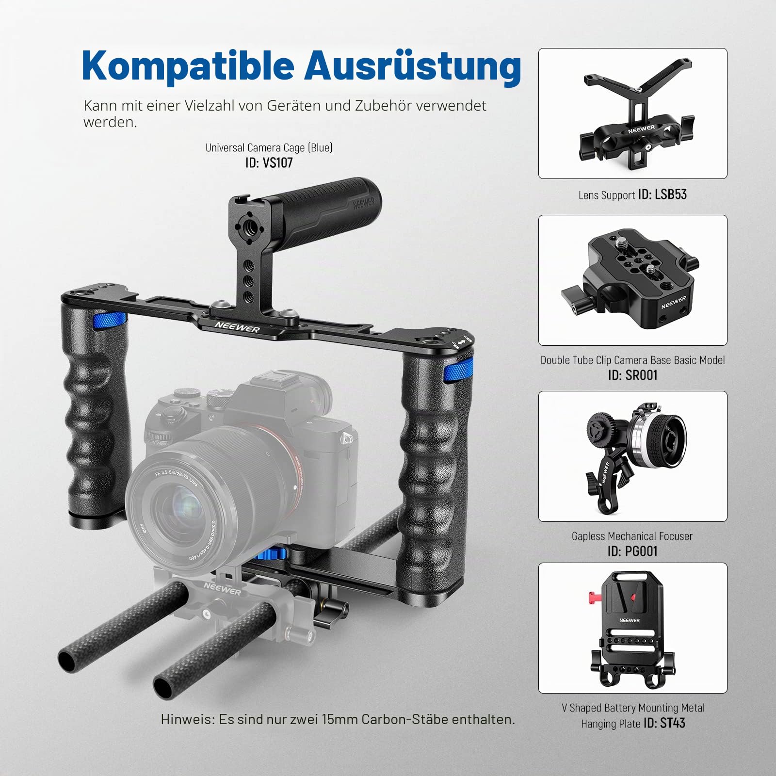NEEWER 15 mm Rod Verlängerungsstangen aus Kohlefaser, 2 Stück, kompatibel mit SmallRig, kompatibel mit Tilta, 15 mm Schulterstützsystem, Follow Focus Schiene für DSLR-Kamera, SR002 (30 cm)