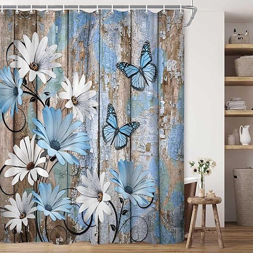 Cortina de ducha de flores florales con diseño de mariposas, hortensias de flores lilas con mariposa, cortinas de ducha de tela impermeable para