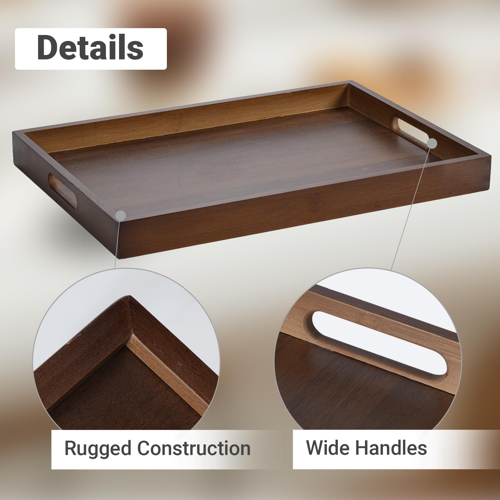 Bandeja grande de madera de bambú con asa, rectangular de madera maciza natural, color nogal negro. Adecuado para almuerzo, cena, café, bares de fiesta. (14.9 x 10.2 x 1.57 pulgadas)