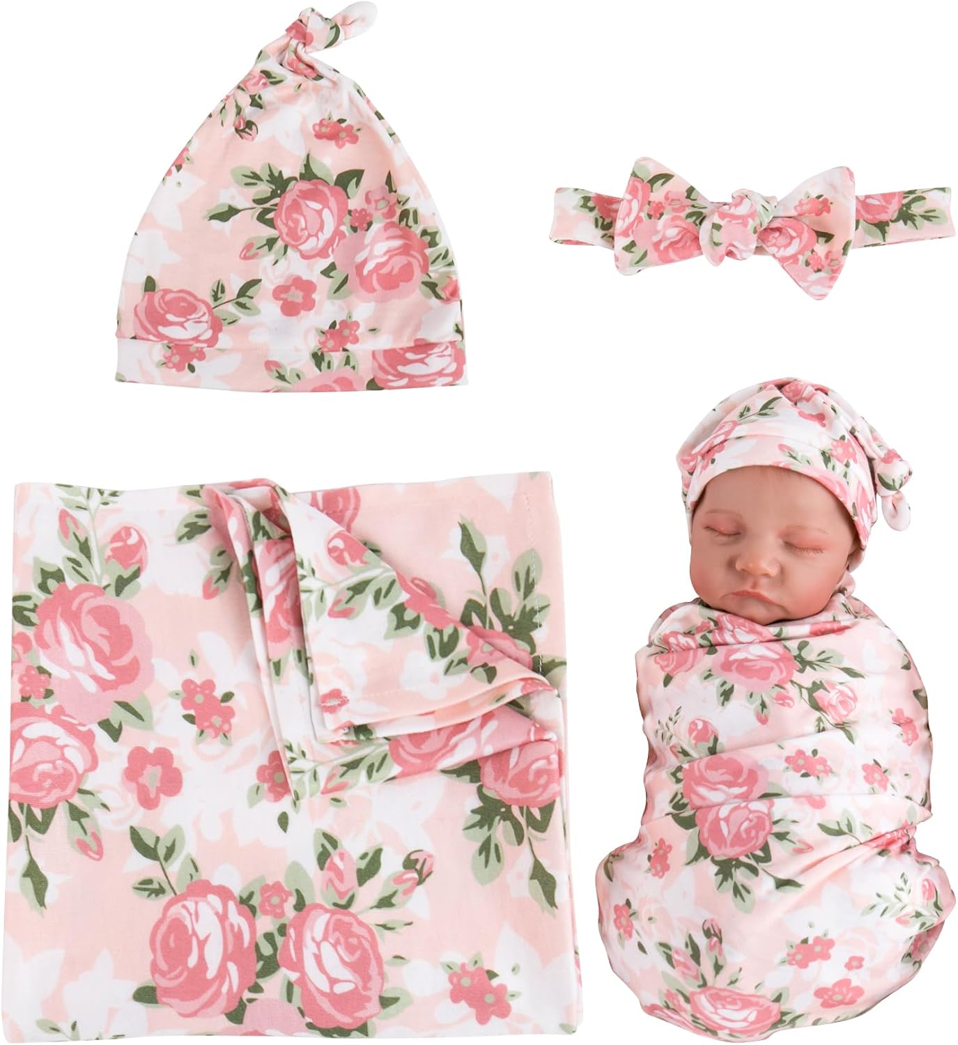 Aori Reborn Baby Doll Accessories Clothes Newborn Receiving Blanket with Headband and Hat Set Baby Swaddle Floral 3-Piece Swaddle Nursery Swaddle Wrap for 17-20 inch Reborn Doll