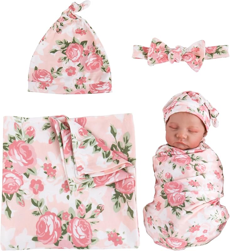 Aori Reborn Baby Doll Accessories Clothes Newborn Receiving Blanket with Headband and Hat Set Baby Swaddle Floral 3-Piece Swaddle Nursery Swaddle Wrap for 17-20 inch Reborn Doll