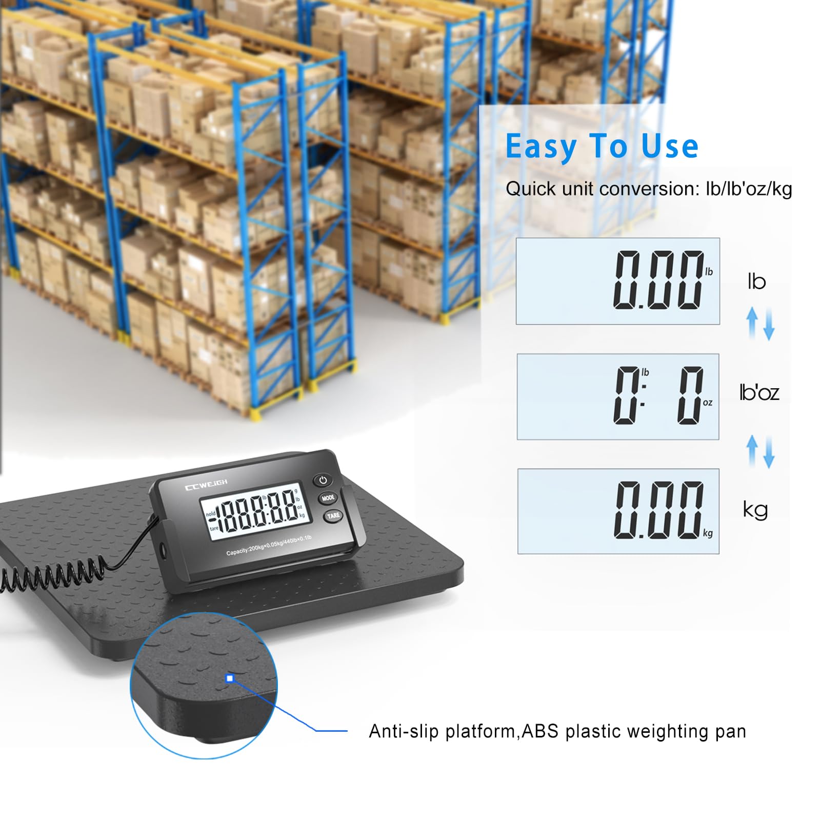 Balance postale 200 kg x 28,3 g très précise en ABS grande plate-forme ultra légère pour colis d'expédition, petites entreprises, bureaux de poste, balance à bagages avec batterie et adaptateur