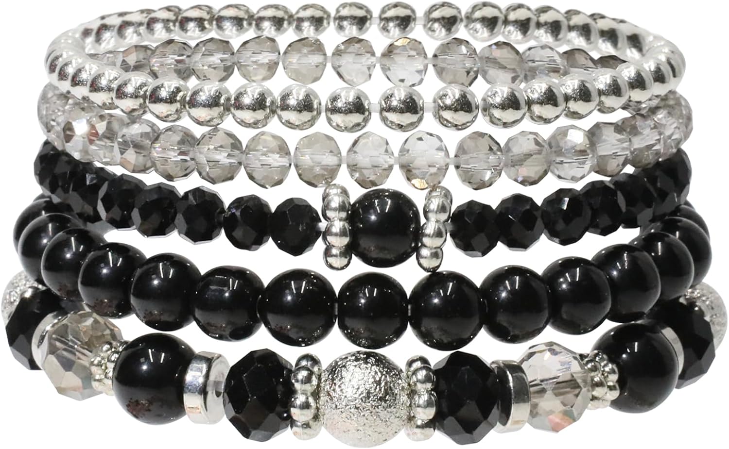 5 Pcs Costume Bracelets, Black Bracelets for Woman, Boho Beaded Bracelets, Stretch Layering Crystal Stone Beaded, Trendy Costume Jewelry Gifts for Women