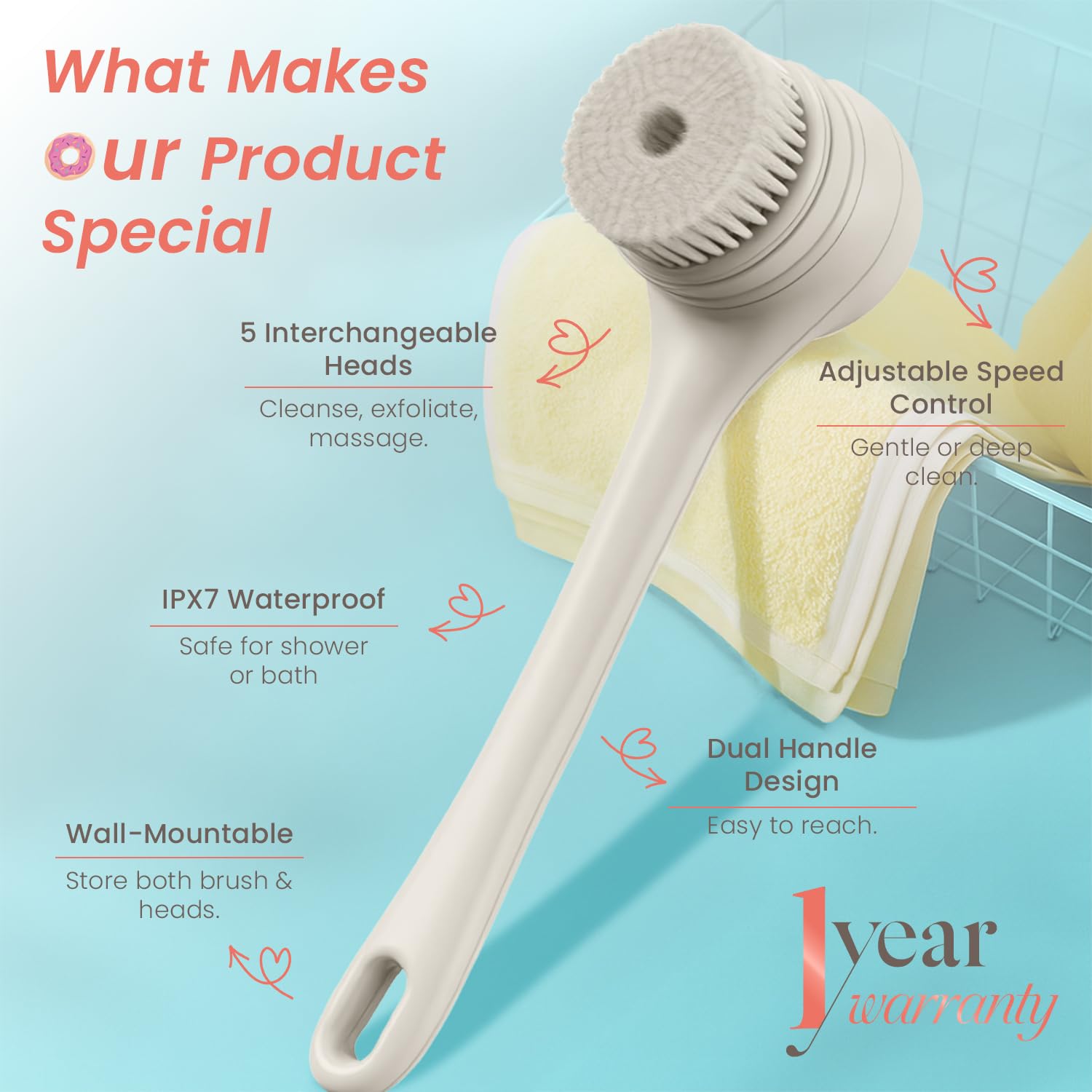 Urban yog Urban yog - Cepillo de baño eléctrico automático recargable con 5 cabezales intercambiables, cepillo impermeable para ducha y baño, limpiador eléctrico de espalda y cepillo de limpieza