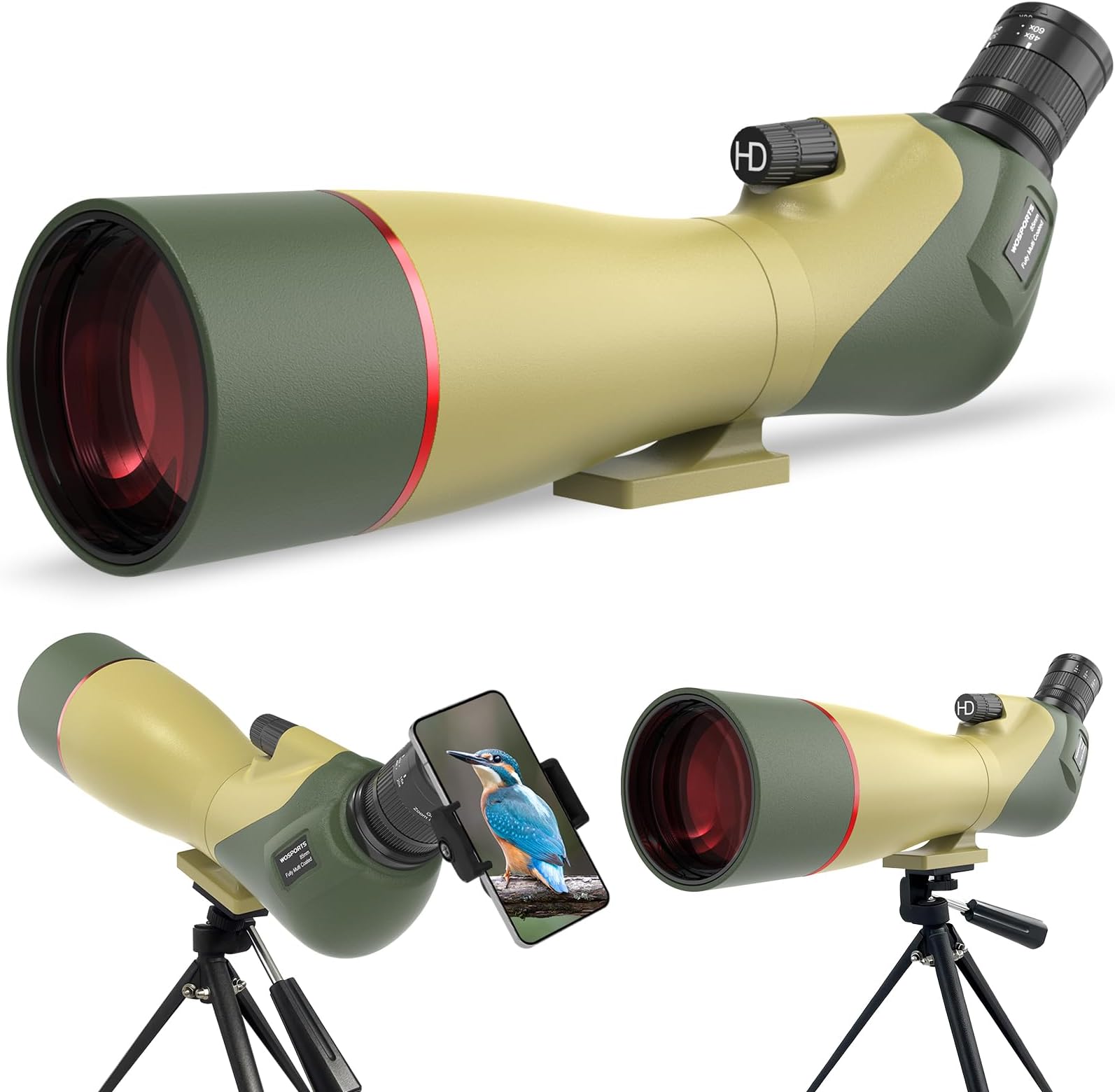 WOSPORTS 25-75x85 Spotting Scopes with Tripod, Carrying Bag, Phone Adapter, HD BAK4 Porro Prism, Waterproof Spotter Scope for Hunting, Target Shooting, Bird Watching, Wildlife Viewing, Dark Green