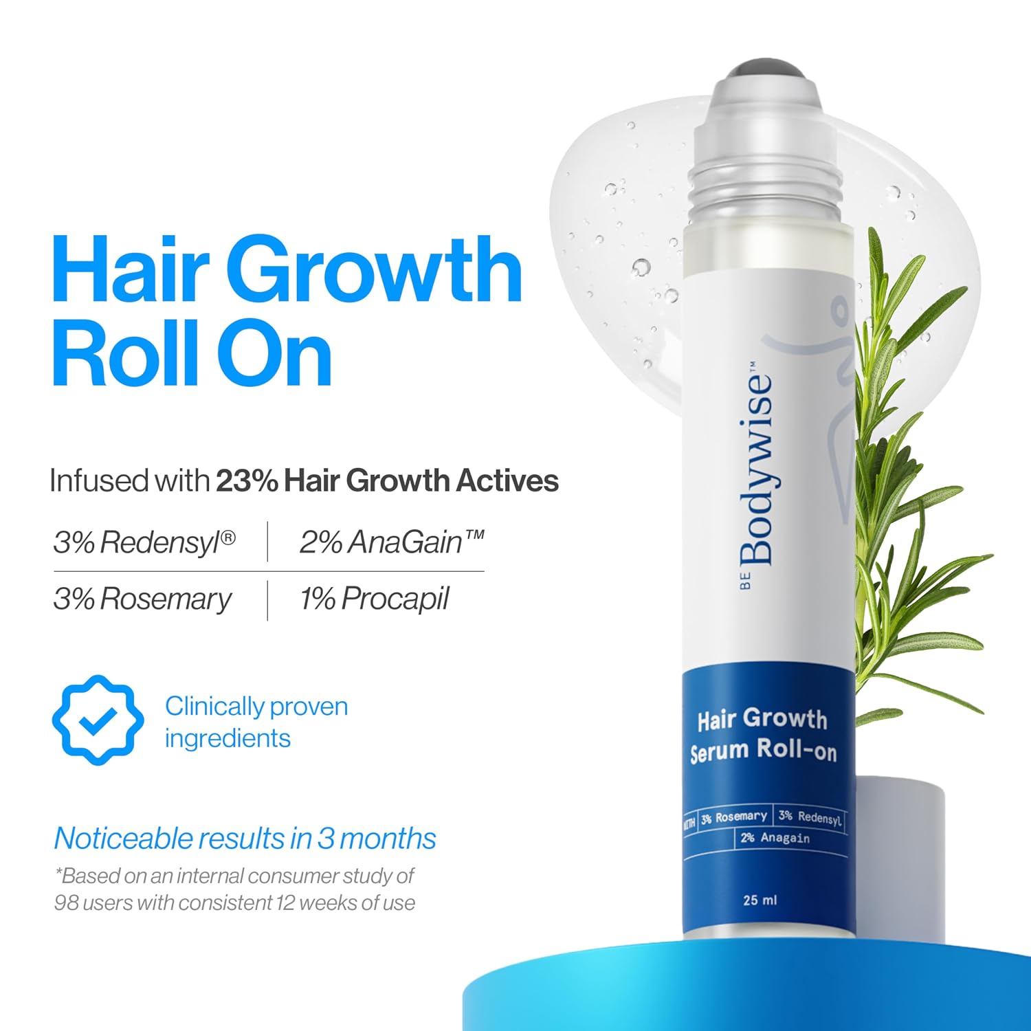 Be Bodywise Rosemary Hair Growth Serum (Roll On) | 3% Redensyl & 2% Anagain | Hair fall control serum for Women & Men | Promotes Hair Growth & Stimulates Hair Follicles | For All Hair Types | 25ml