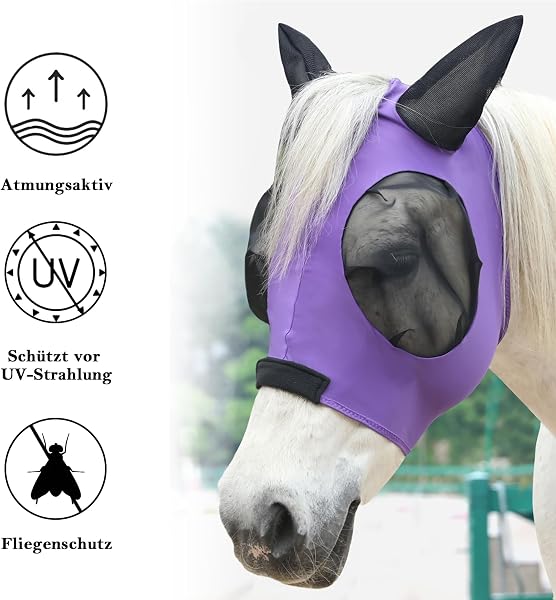 Fliegenmaske Pferd mit Ohren & Schopfloch – elastisches Material, atmungsaktiv, leicht, UV-Schutz, weich & passgenau Lila Cob - 2