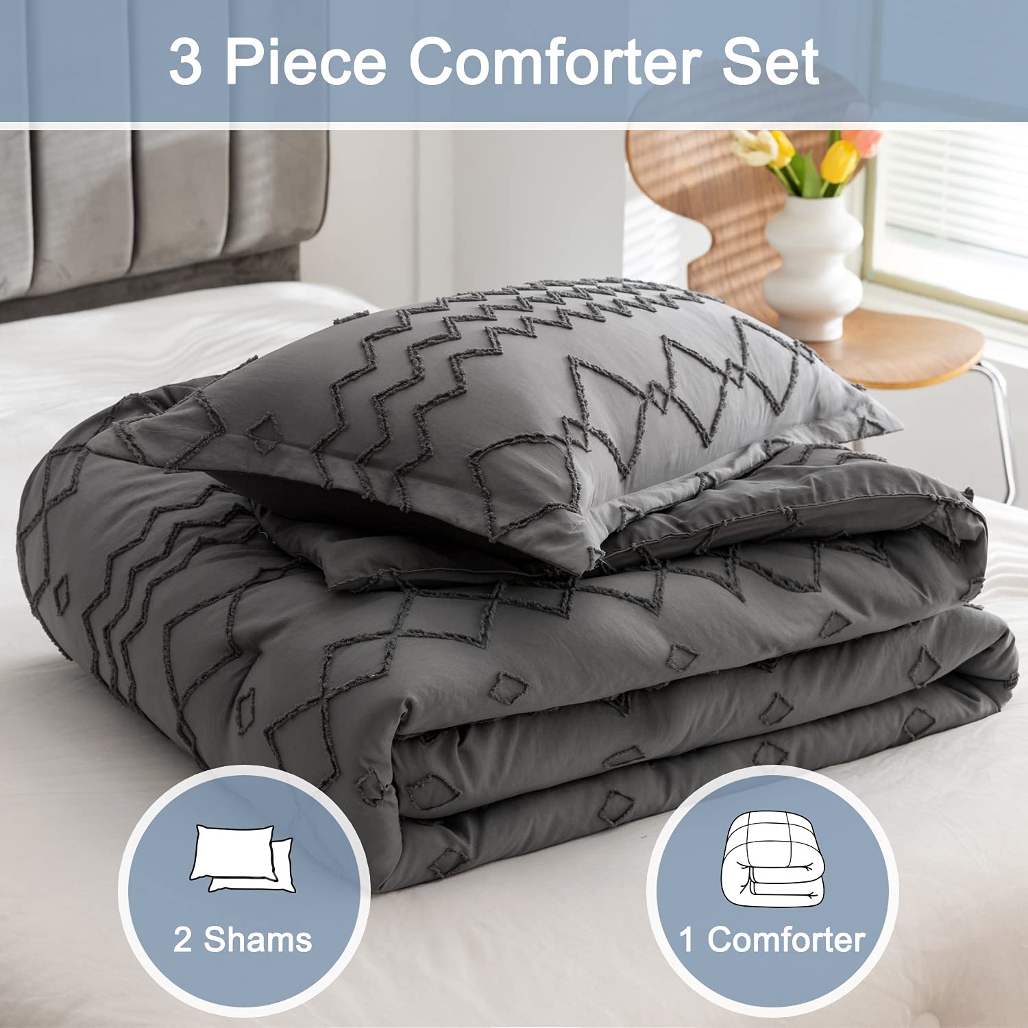 Geilioo Tufted Comforter Sets 3 Pieces Embroidery Comforter Sets Boho Shabby Chic Bedding Sets Soft and Bohemian Geometric Comforter Sets for All Seasons Twin Size,Grey