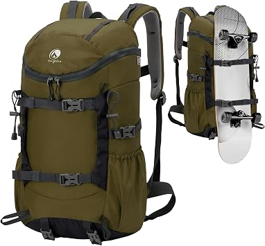 Skateboard Backpack for Men, 30L Waterproof Hiking Backpack, Green | with Long Board Holder, Wear Resistance, Lightweight, with Chest Strap & Waist Belt, for Skateboarding Skate Travel Camping