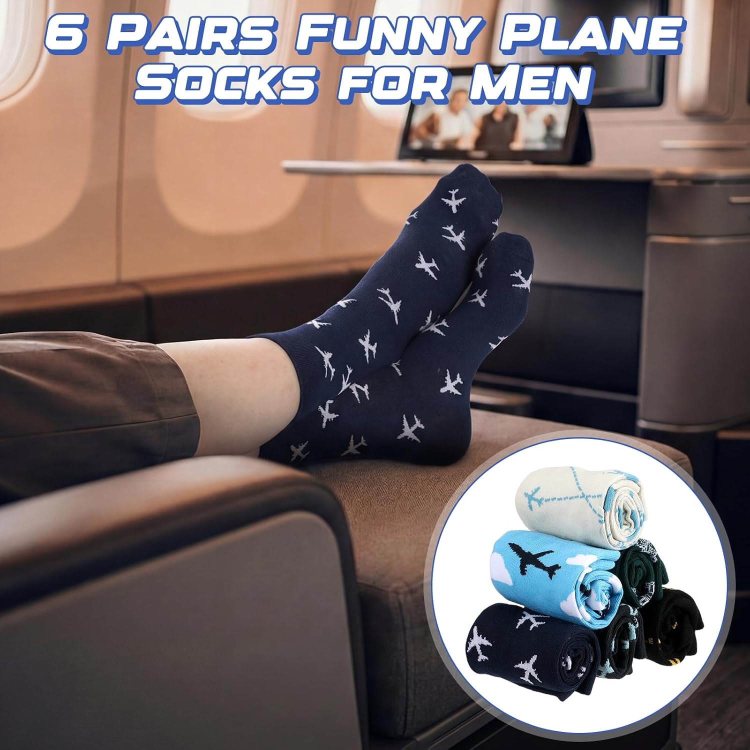 Halfchet 6 Pairs Novelty Airplane Crew Socks for Men Funny Plane Pilot Aviation Gifts for Men Birthday Gifts