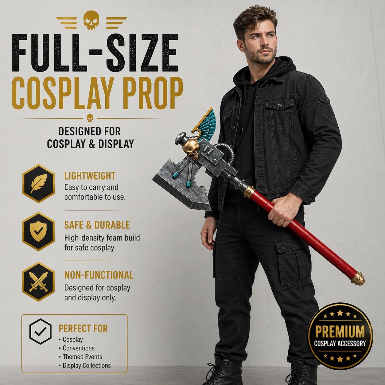27.5" Foam W40K Battle Axe Prop – Mortalis Style Winged Cosplay Axe, Lightweight High-Density Foam, Non-Functional Display Weapon for Adults, Halloween Costume & Collection