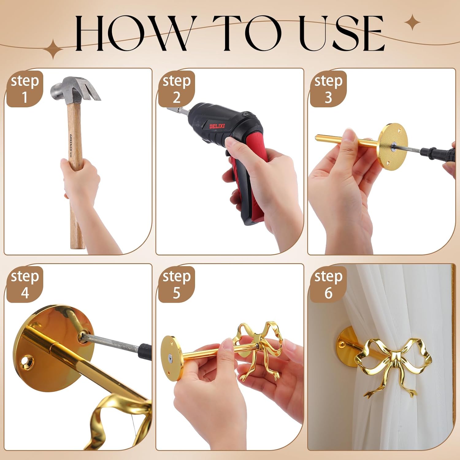 Blulu 2 Pcs Large Metal Bow Curtain Holdbacks Gold Wall Mounted Bow Curtain Hold Backs Curtains Modern Gold Holders for Living Room Bedroom Office Home