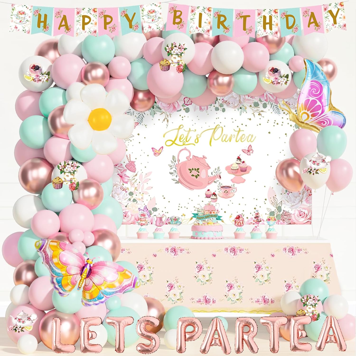 Tea Party Birthday Decorations, 148 PCs Let's Partea Backdrop Balloon Flower Cutout Banner Tablecloth Cake Cupcake Topper Butterfly, Floral Spring Summer Tea for Two Birthday Décor