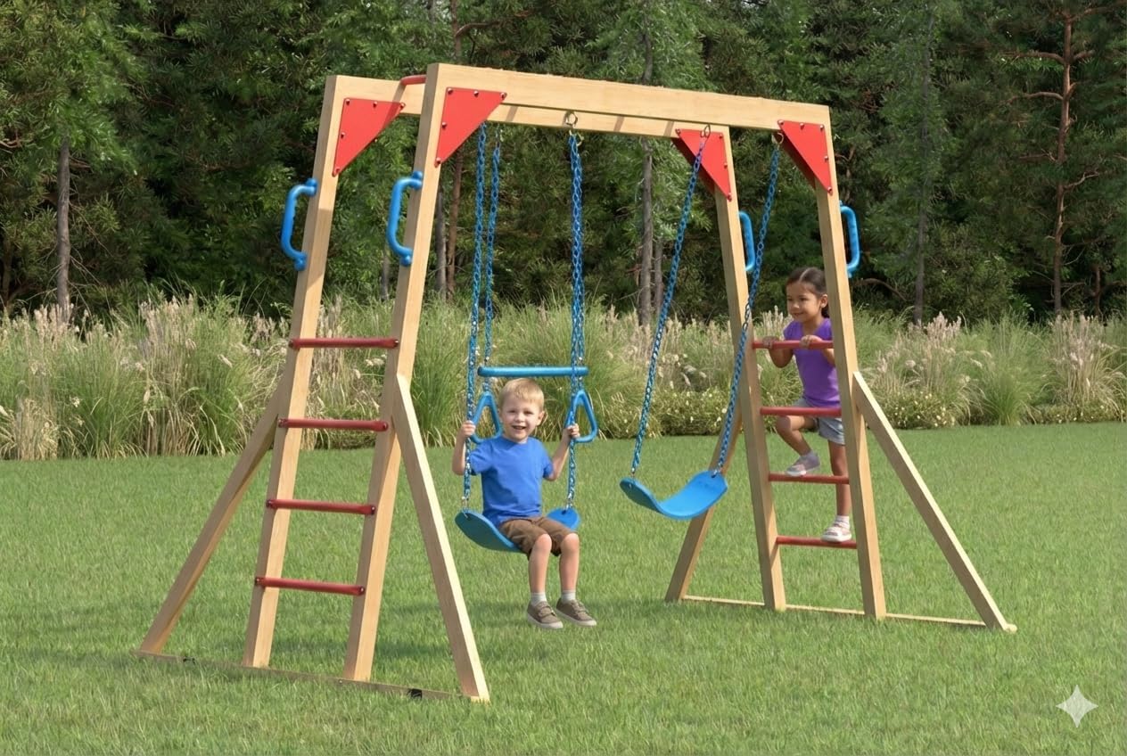 Wooden Swing Sets for Backyard- Outdoor Playground Sets for Backyards with Monkey Bars for Backyard Belt Swings, Kids Wooden Backyard Swing Sets, Imported Spruce