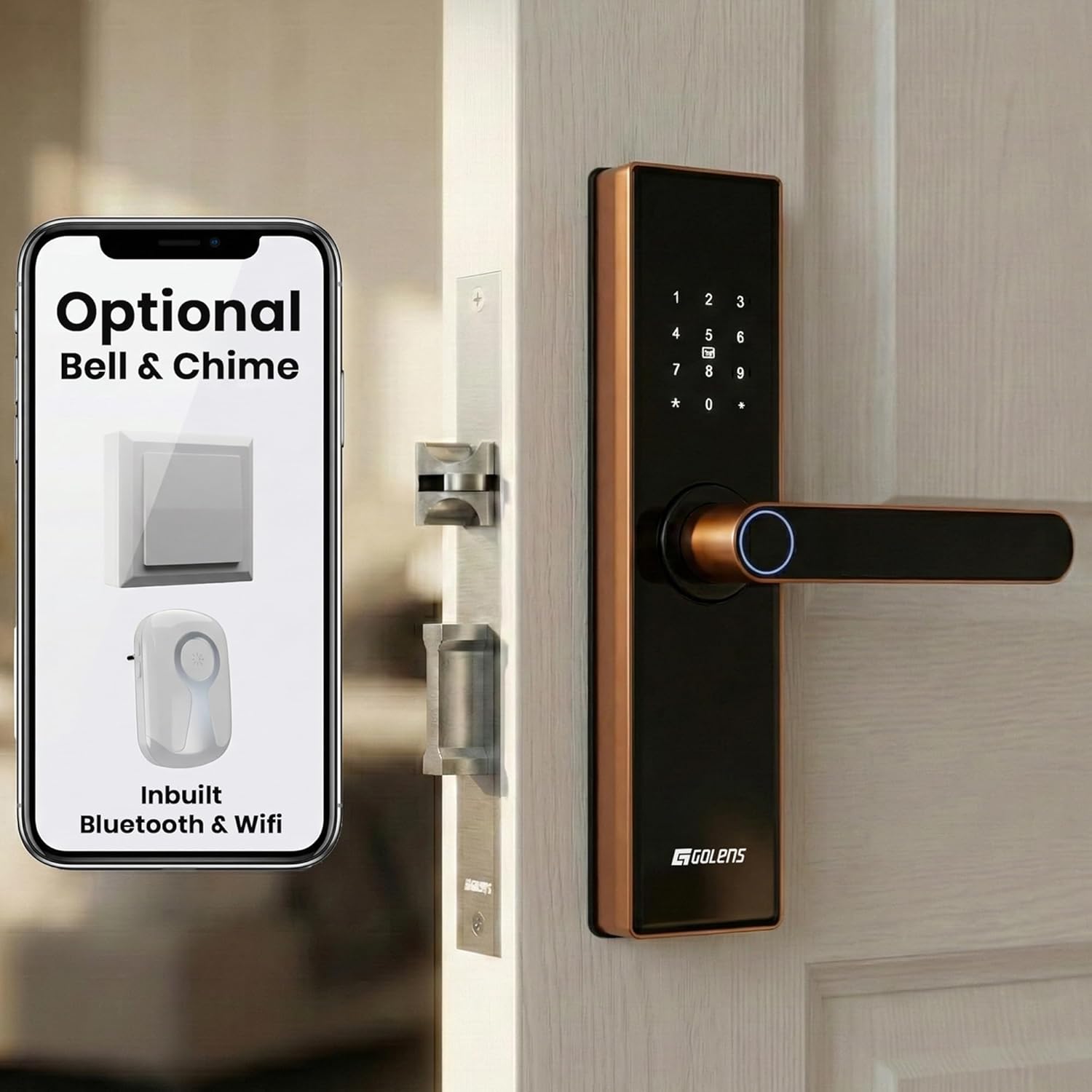 Golens X3N Bronze Smart Door Lock | WiFi + Bluetooth, 8-in-1 Unlocking (Fingerprint, PIN, RFID, OTP, App, Mechanical Key) | Biometric Digital Lock for Main Door