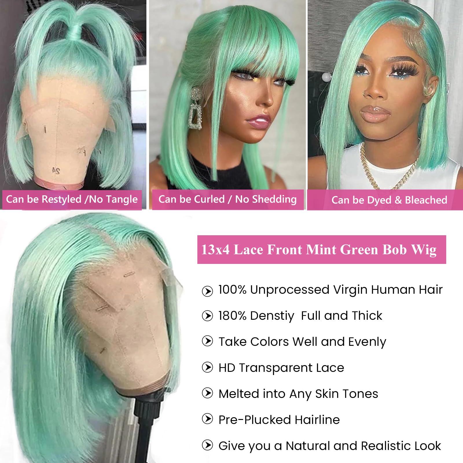 Amazon.com : Bob Wig Human Hair Lace Front Wigs Mint Green 