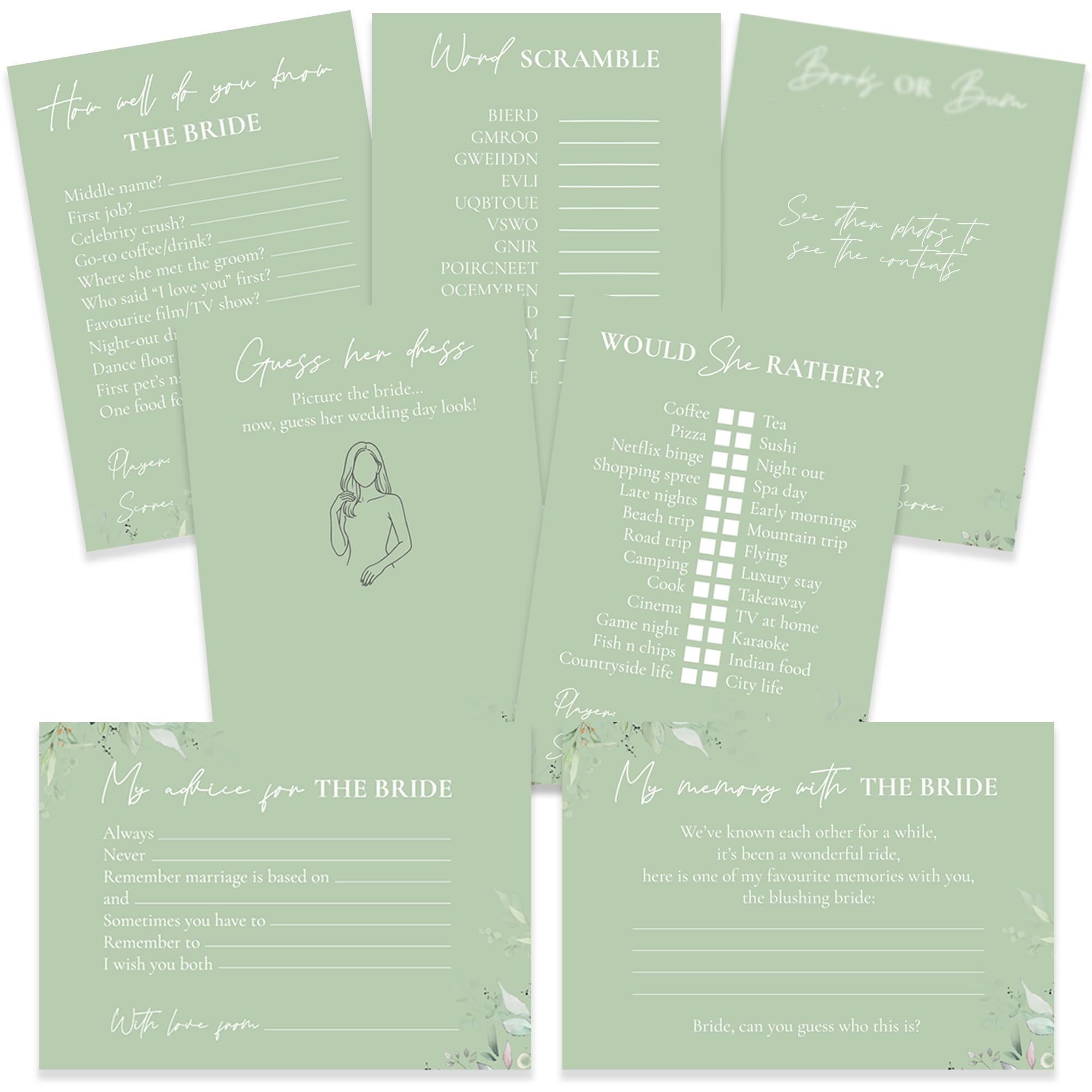 Blue Planet Fancy Dress Hen Party Games - 7 Games in one Mega Bundle - 70 Cards in total - Sage Green Botanical Hen Party Advice for the Bride How well do you know the Bride Best Memory Accessories