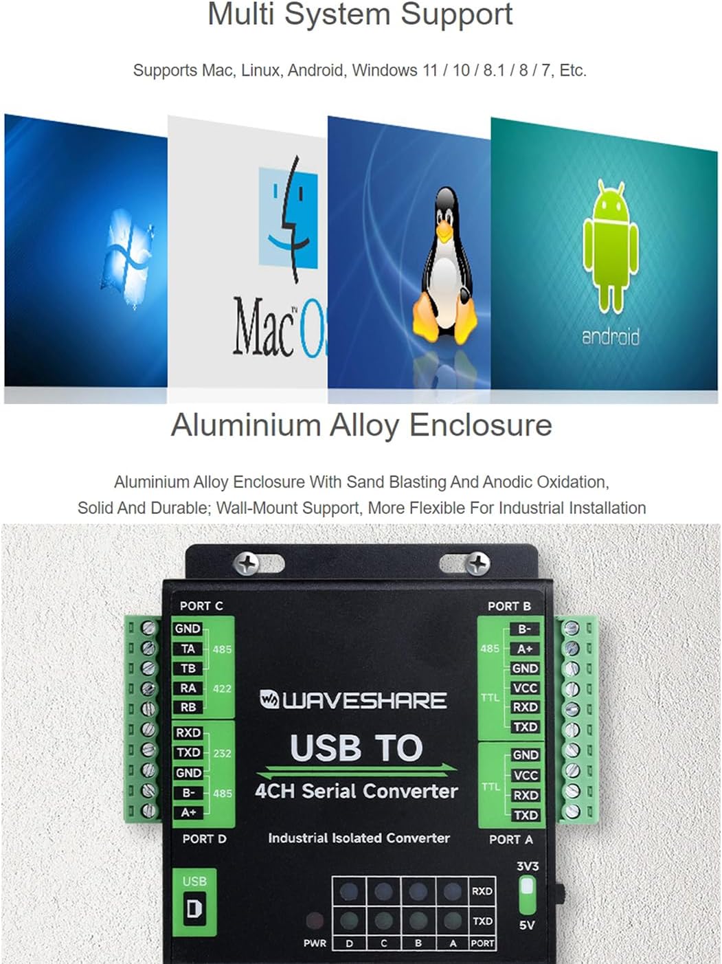 waveshare USB to 4-Ch Serial Converter USB to RS232/RS485/RS422/TTL Adapter with Industrial Grade FT4232HL Chip, Supports Linux, Android, Windows 11/10 / 8.1/8 / 7, Onboard Multiple Protection