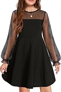Girl's Contrast Mesh Puff Long Sleeve High Waist A Line Short Dress with Pockets for 6-13 Years - Buy now